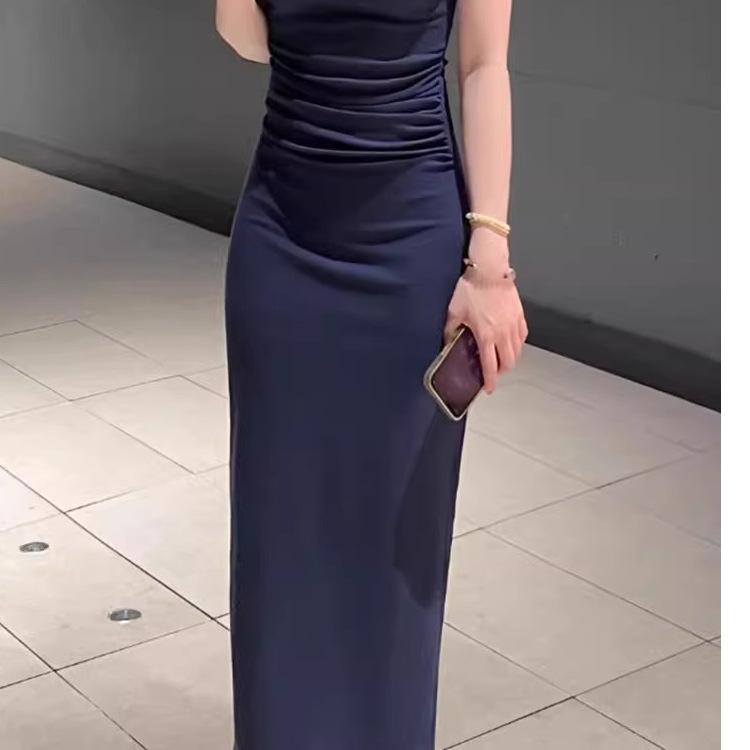 Casual Gray V-neck Sleeveless T-shirt Dress Women's New Summer French Figure Slim Hip-wrapped Dress