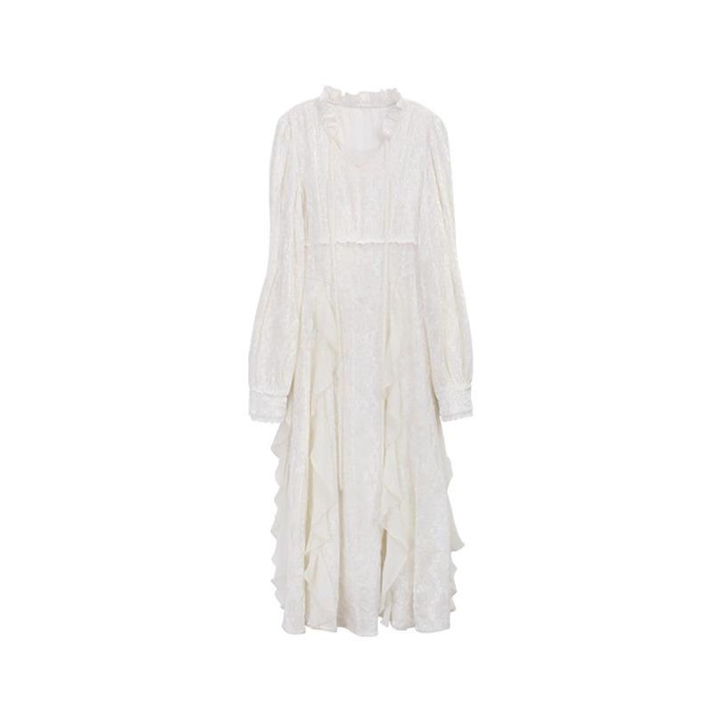 French White Lace Dress Female Pure Desire Spring and Autumn New Temperament Waist Hepburn Style Long Skirt