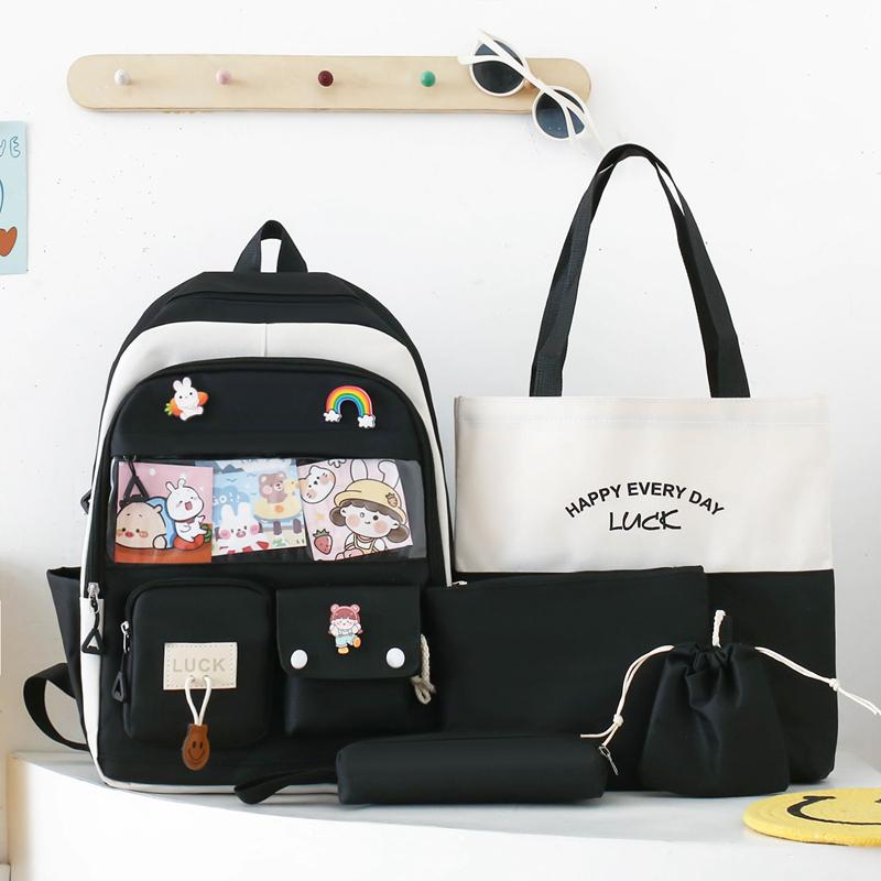 Five-Piece Backpack Set Women's Color Block Backpack Student Schoolbag Large Capacity Backpack