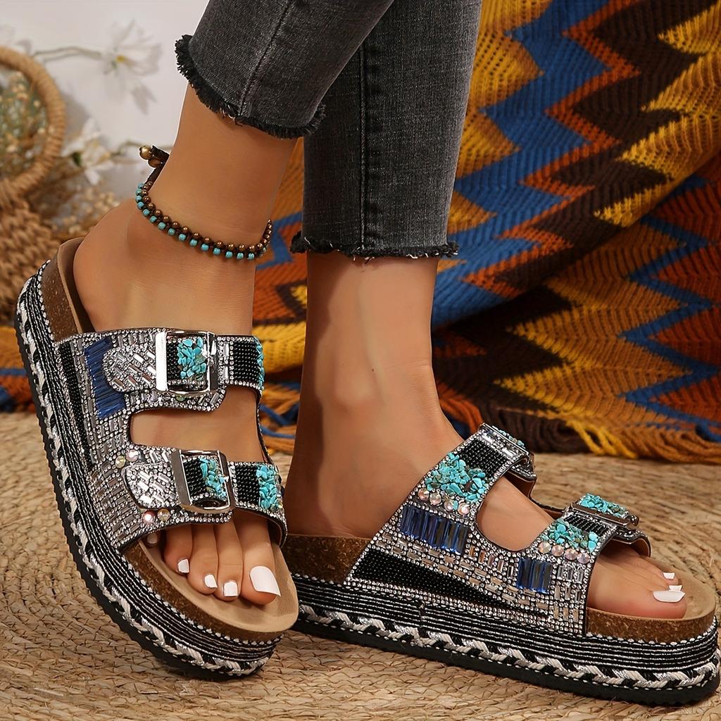 Ladies' Rhinestone Decorative Buckle Platform Slippers - Summer Open Toe Wedge Sandals with Synthetic Leather Outer Skin and PU Sole