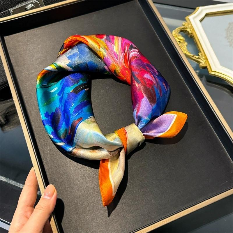 100% Pure Silk Scarf Women Neck Hair Band Foulard Square Small Headband  Fashion Print Neckerchief Scarves Bandana 53*53cm