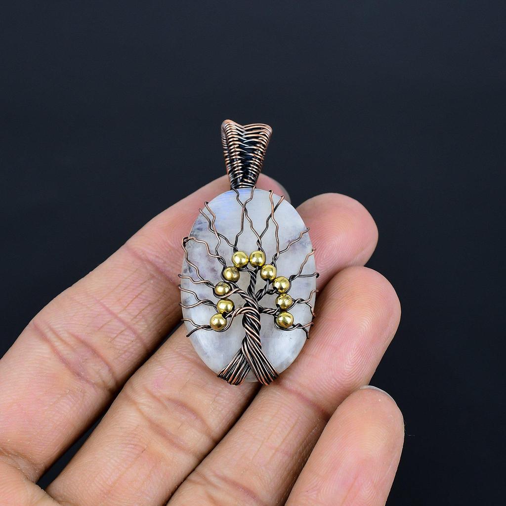 Tree Of Life Moonstone 999 Copper Wire Wrapped Pendant, Handmade Gemstone Pendant, Gift For Mom Antique Jewelry