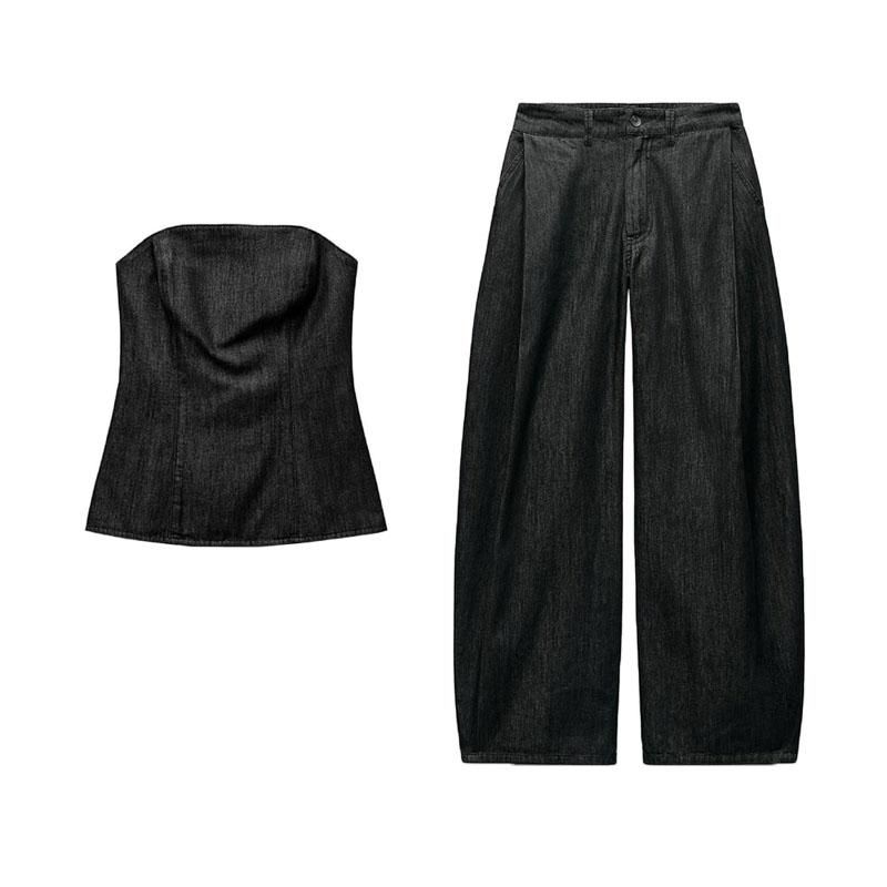 Spring New Women's Clothing Denim Strapless Chest Wrap Tops 6929263 Denim Effect Pleated Pants 6929213