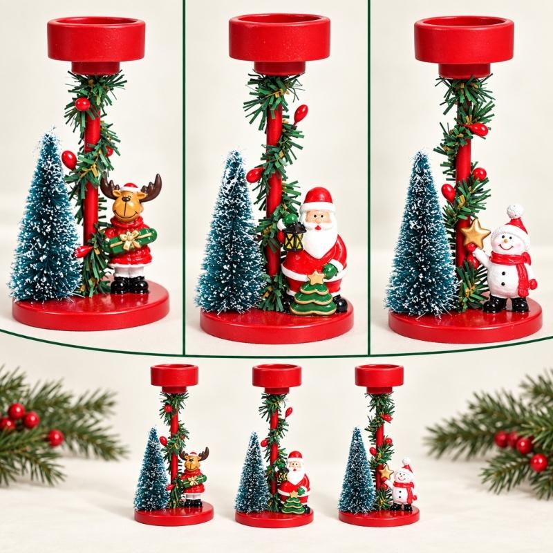 Decorative Christmas Candle Holders Set of 3 with Santa and Holiday Character Figures for Entryways, Coffee Tables and Dining Table Displays