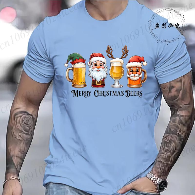 Cotton Funny Christmas Drinking T-Shirt  Merry Christmas Santa Beer Print T-Shirt Men Fashion Casual Short Sleeves Breathable Tshirt Tees Tops