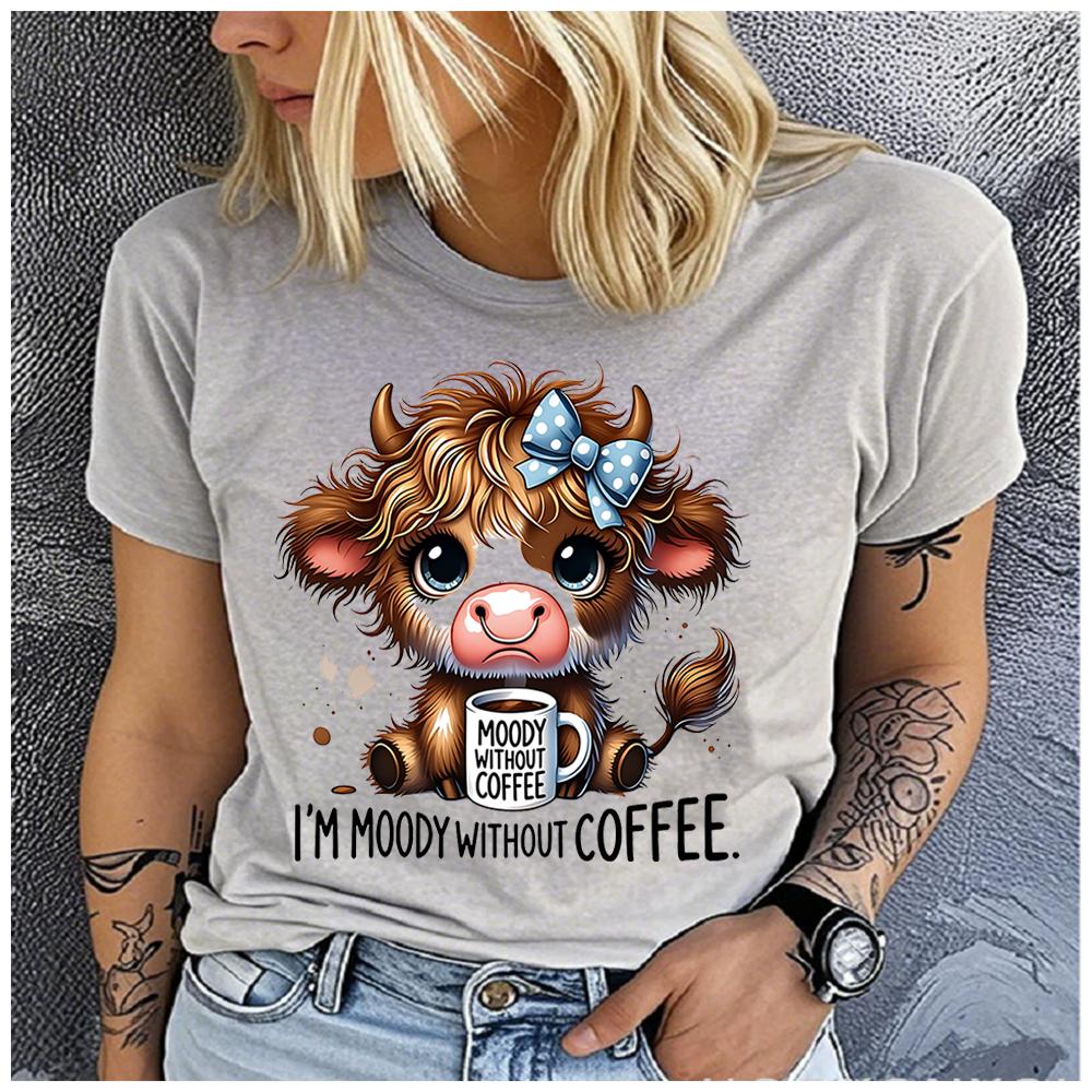 Women's Polyester 100% yak drinking tea Print T-shirt Loose round Neck Casual Short Sleeve Fashion Top Clothing Summer