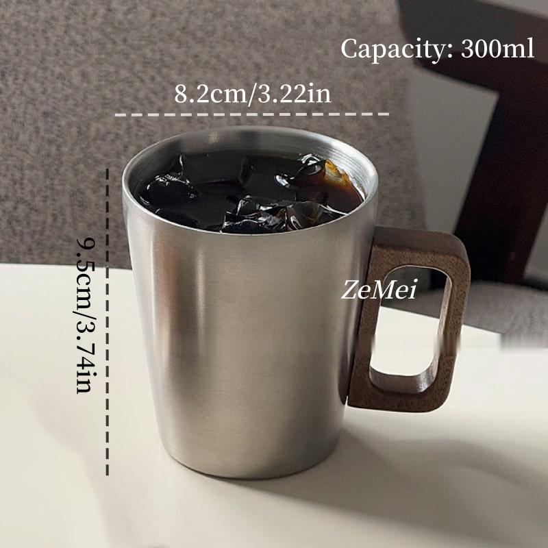 304 Stainless Stee Double-layer Coffee Cup,300 Ml Wooden Handheld Beer Mug,Gray Cold Drink Portable Outdoor Camping Travel Mug