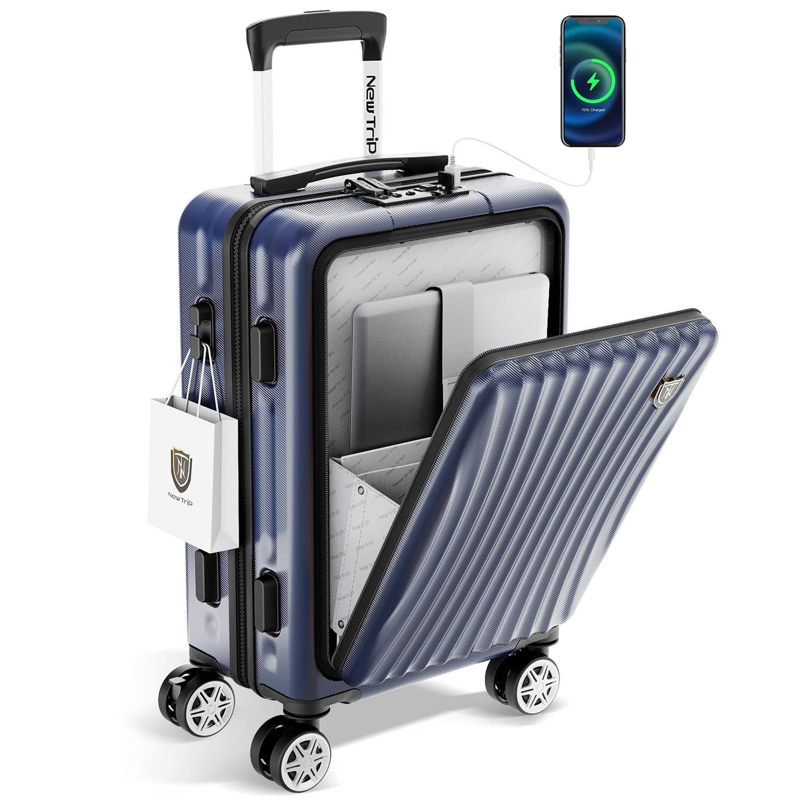 

small with USB YKK TSA double business 40 blue [New Trip] Carry-on suitcase, front-opening, size, port, stopper, zipper, lock, silent, casters, trip, синій