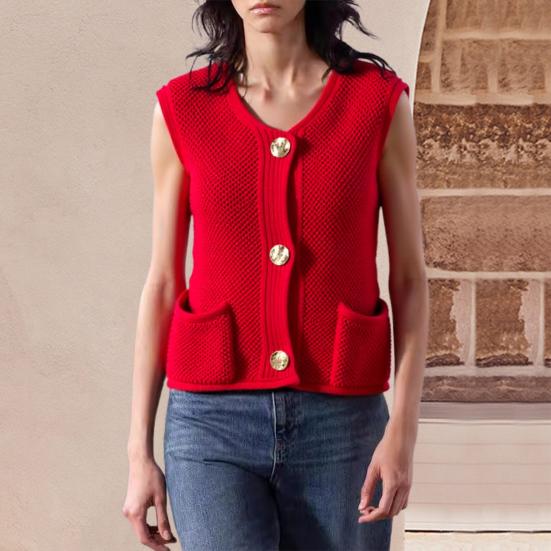Dámská pletená vesta s výstřihem do V, bez rukávů, jednořadé zapínání, s kapsami, pletená vesta, všestranné jednobarevné pletené zboží