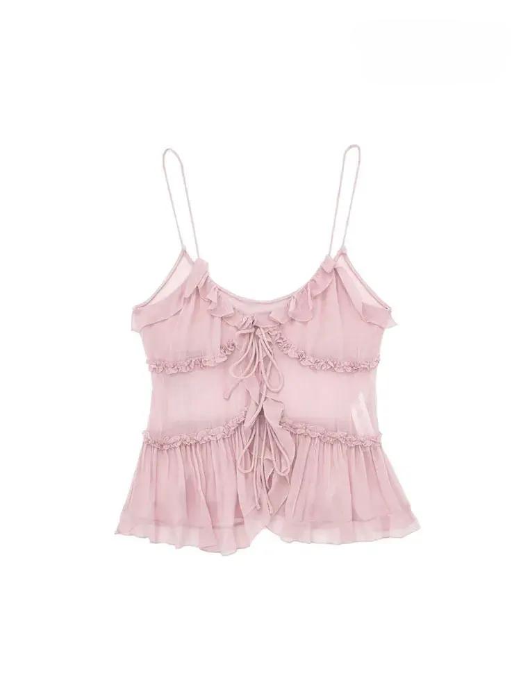 

Женская мода с оборками спереди, завязывающимися полупрозрачными топами, сексуальными открытыми спинками, тонкими бретельками, женские майки XS розовый
