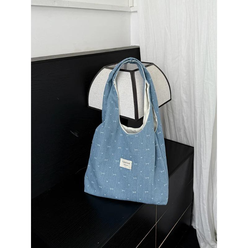Sweet Bow Love College Girls Denim Shoulder Bags Large Capacity Portable Women's Canvas Vest Handbags Ladies Casual Tote Bags