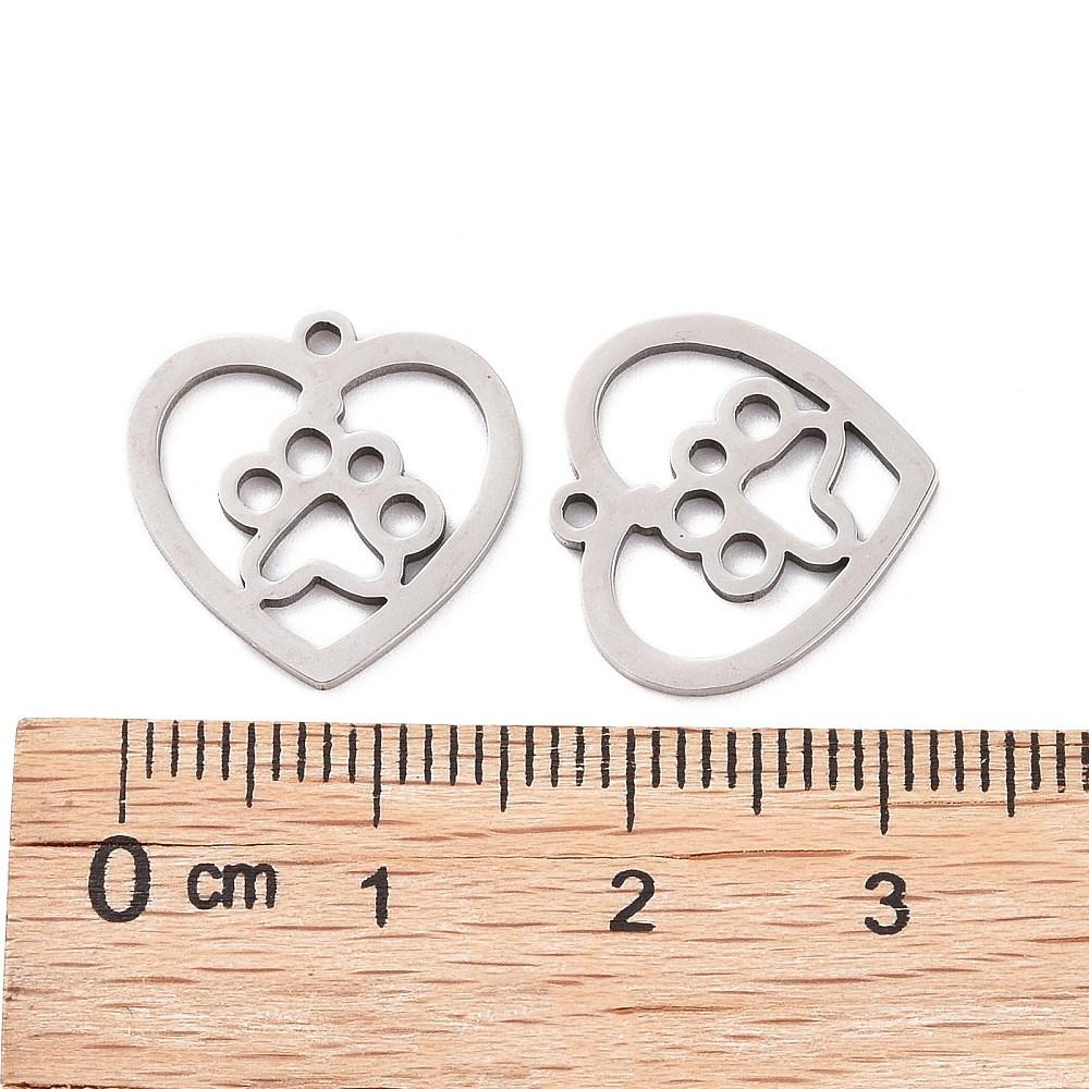 5pcs Non-Tarnish 201 Stainless Steel Pendants Heart with Dog Paw Prints Stainless Steel Color 15x15.5x1mm Hole: 1.2mm