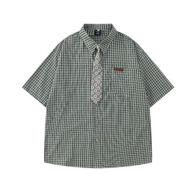 Japanese Retro Simple Plaid Short-sleeved Shirt Summer New Floral Tie Accessories Loose Casual Shirt for Men and Women