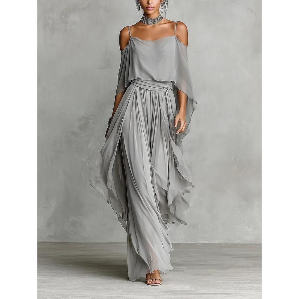 Damen schulterfreies Chiffon-Top mit weitem Hosenanzug Grau Unregelmäßiges Mode-Outfit für Crossbody