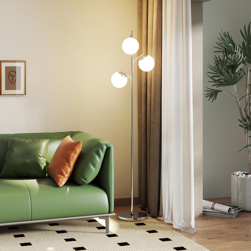 3-Light Tree Floor Lamps for Living Room, Modern Standing Lamp for Bedroom with Globe Lampshade, 3000K/4000K/6000K Colour Temperatures, Steel Base
