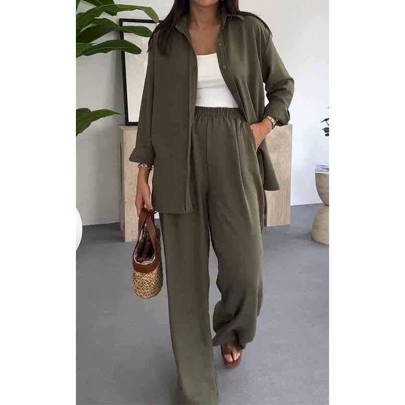 European and American Women Clothes Fashion Solid Loose Top Casual Wide-Leg Pants Two-piece Set Casual Two-Piece Set