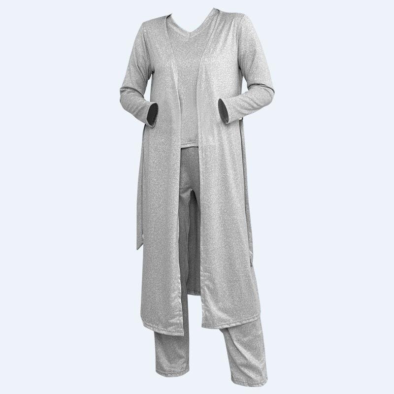 Lüks ve asil düz renkli örgü pamuklu kısa kollu pantolonlu gecelik üç parçalı set ev giysisi pijama kadın