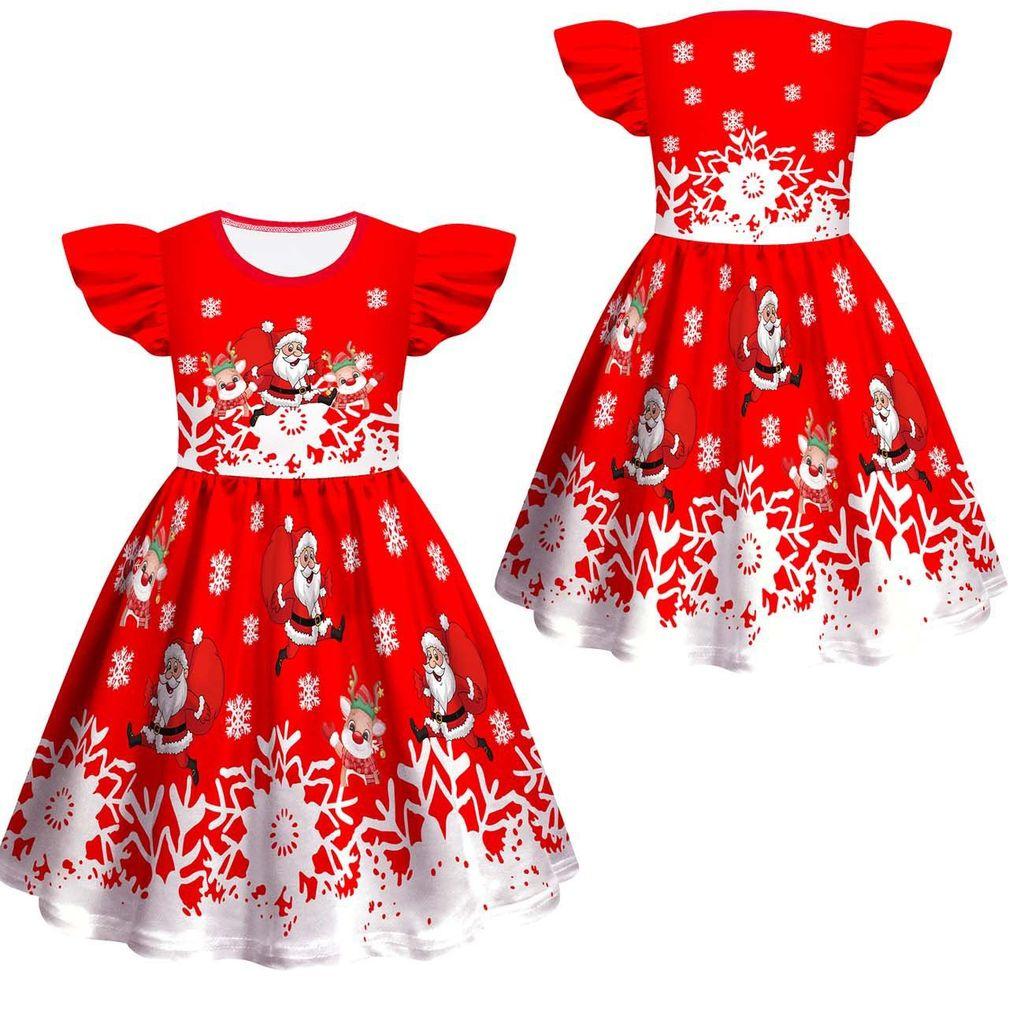 Kids Girls Cartoon Santa Claus Christmas Tree Elk Print Ruffle Sleevess New Year Dress