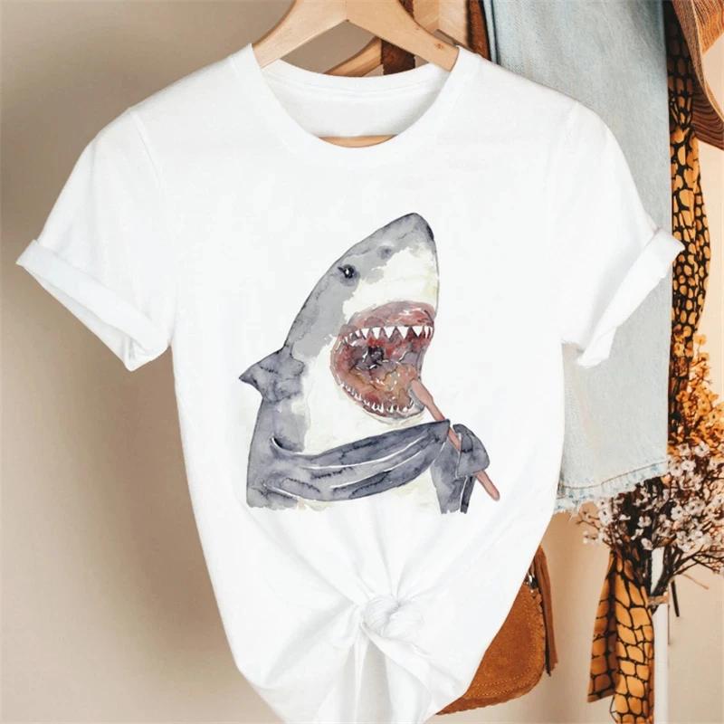 Cartoon Blue Whale Print T-shirt Retro Harajuku Short Sleeved Clothing Y2k Top T-shirt Summer Harajuku Large T-shirt