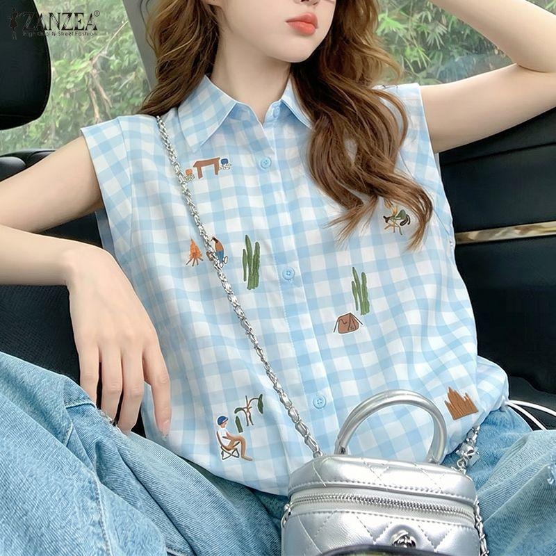 ZANZEA Women Casual Turn Down Collar Loose Short Sleeve Print Blouse