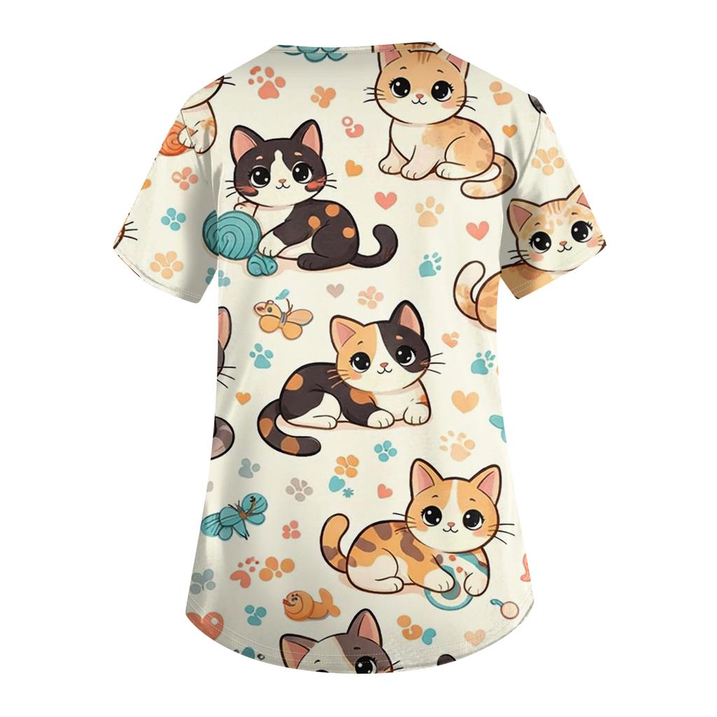 Women's Casual Short-Sleeve Cute Animal Print V-Neck Pocket Workwear Top