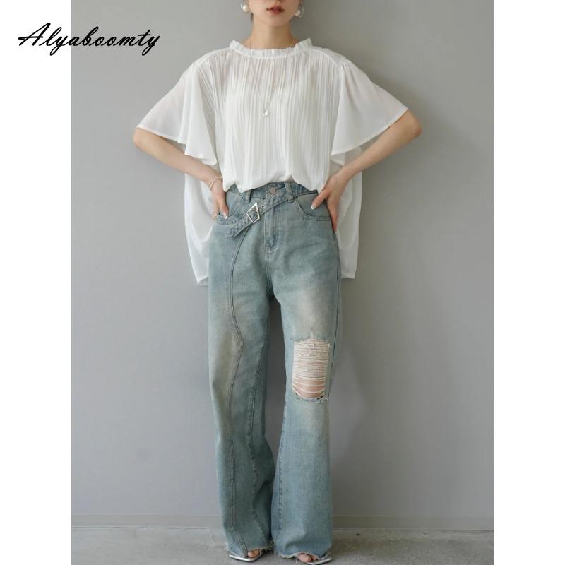 Korean Style Spring Summer Women Casual Loose Blouse Ruffled Collar White Black Pleated Blouse Batwing Sleeve Elegant Office Lady Blouse