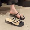French Medium Heel Slippers Women's Summer Outer Wear 2025 New Fashion High-end Thick Heel Temperament Set Toe Rhinestone Sandals