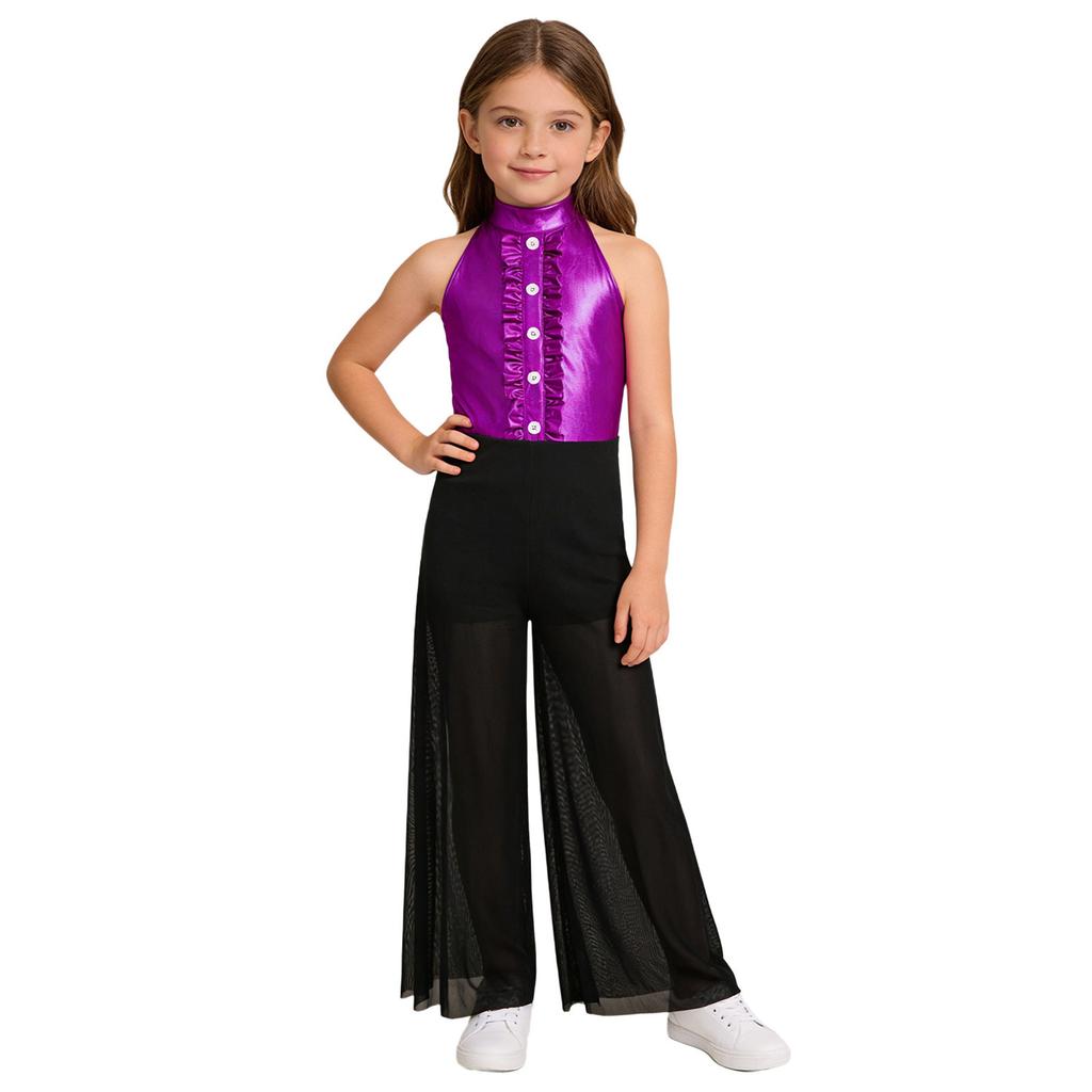 Sprankelende Metallic & Mesh Dans Jumpsuit voor Meisjes: Hoge Hals Mouwloos met Gerimpeld Bovenlijf & Wijdvallende Broek voor het Podium