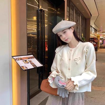 Round Neck Bow Western Style Knitted Sweater Women's Cardigan Spring and Autumn Winter New Temperament Sweater Jacket