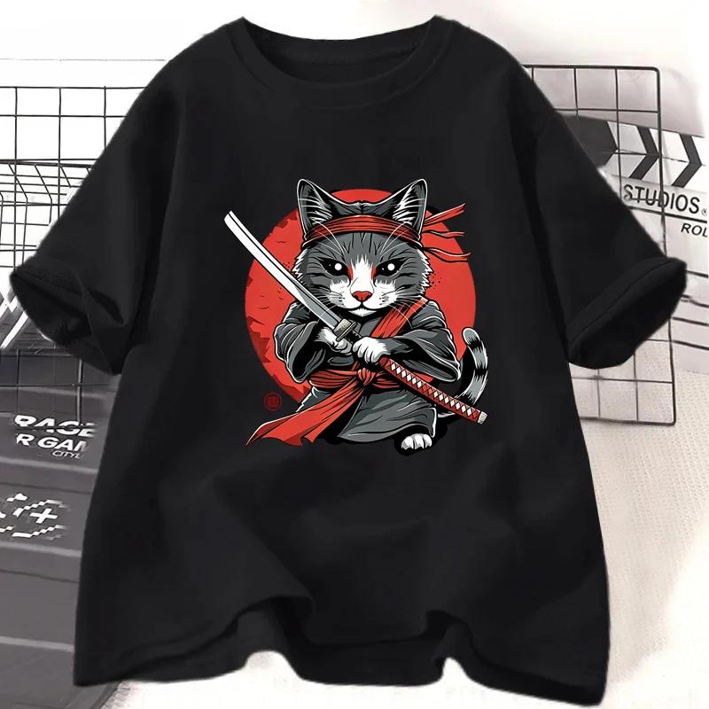 Samurai Cat Print Tshirts Summer Casual Harajuku Fashion Unisex Streetwear Y2K Short Sleeve Tops Oversize ONeck Tshirts