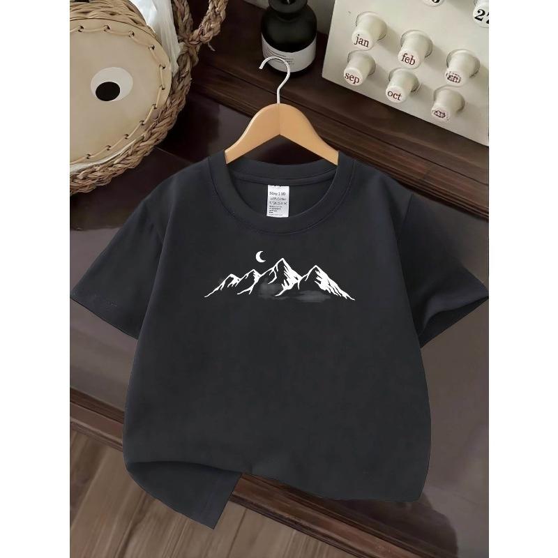 European sizes Boys' T-shirt Mountain Range Moon Night Sky Silhouett, Ideal for Outdoor Activities, Soft Knitted Top, Comfortable And Breathable