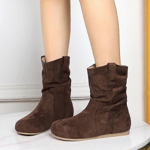 Suede short boots, women's pleated pile boots, round toe winter western denim fashionable women's boots