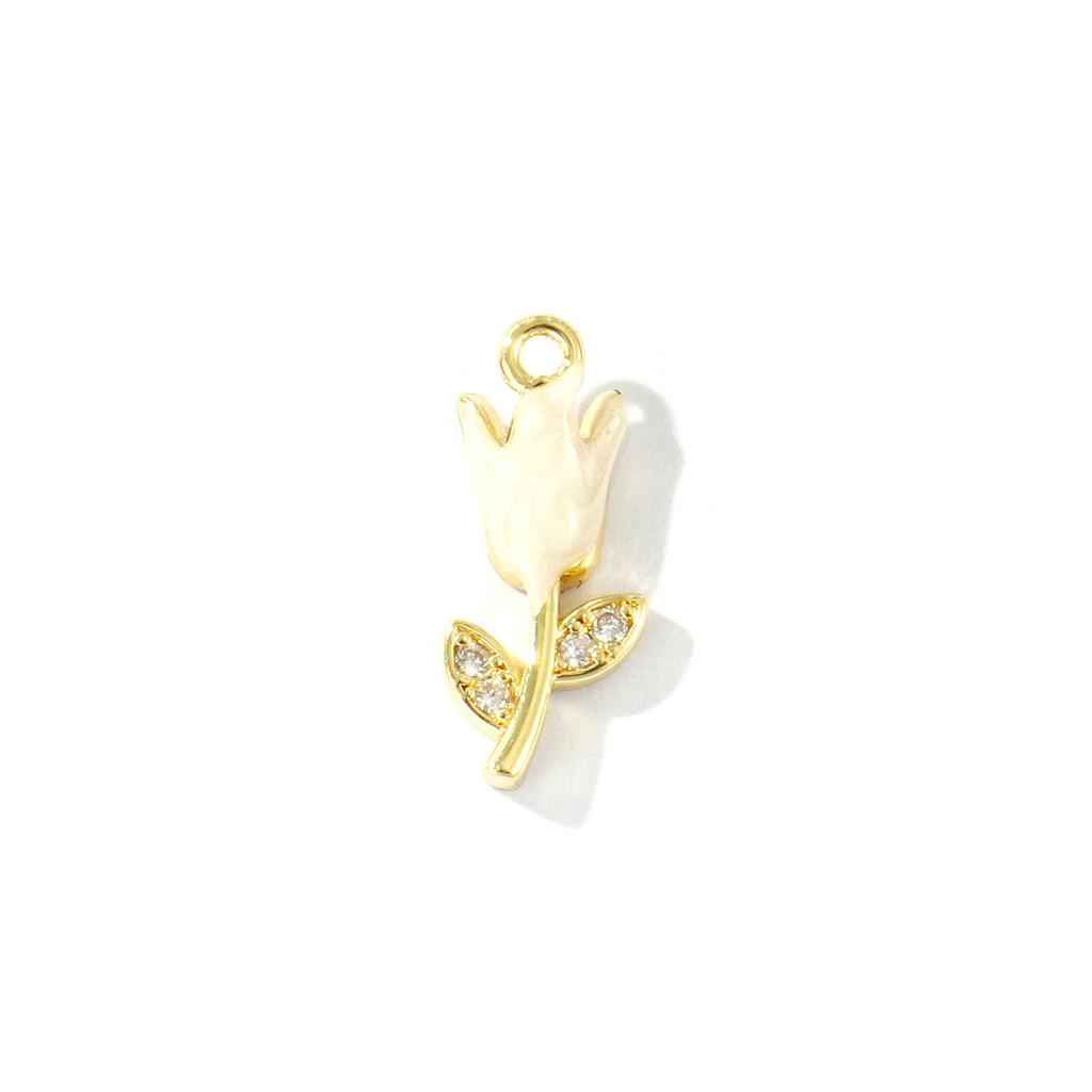 2 Pcs Enamel Tulip Flower Charms Micro Pave Clear Cubic Zirconia Brass 18K Gold Plated Pendants For DIY Necklace 13mm X 6mm