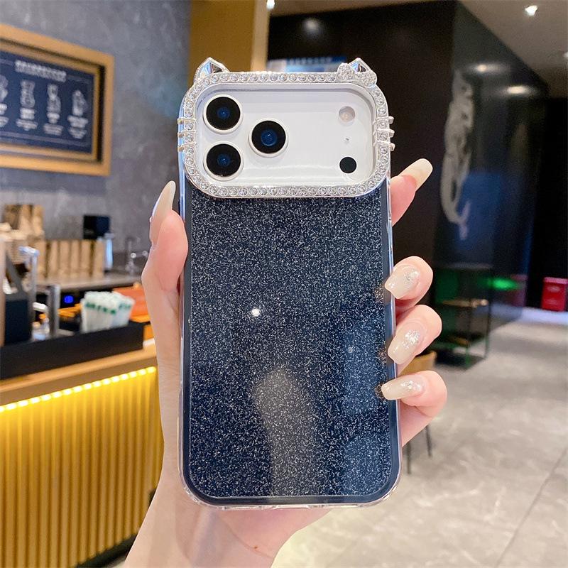 Sweet Girl Minimalist Rhinestone Cat Ear Case for iPhone 17 Pro Max 16