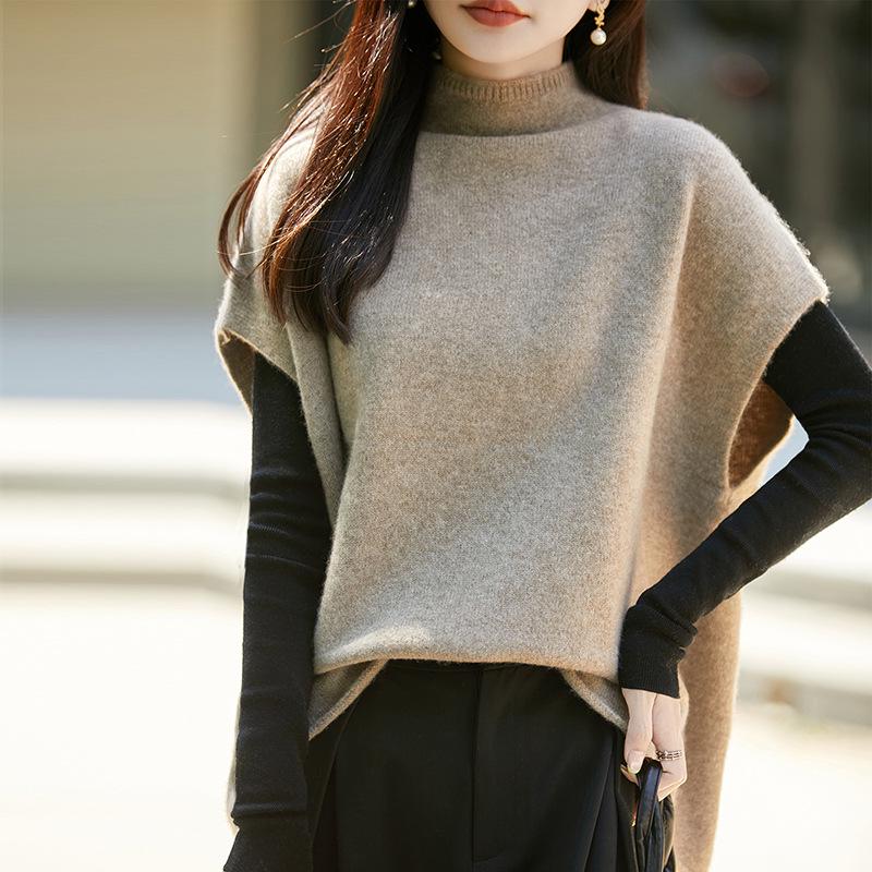 Autumn/Winter Women's Wool Sleeveless Rolled Hem Vest Top with High Neck - Elegant Shawl Style Sweater