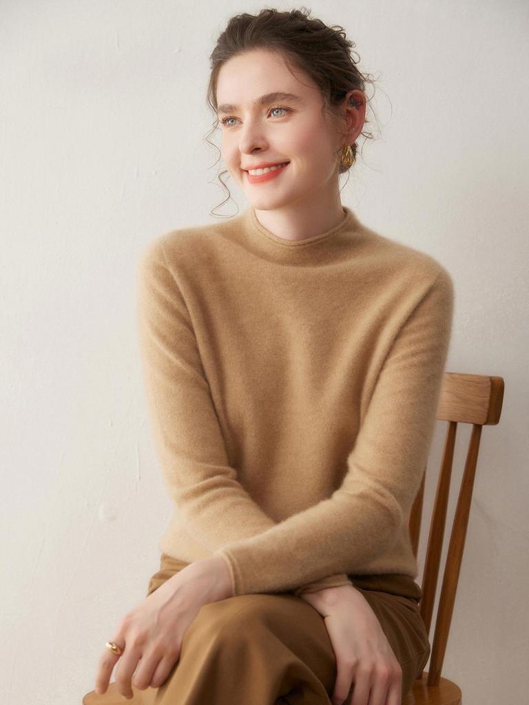Women's Half-High Neck Baby Goat Cashmere Sweater - Thick, Soft, and Skin-Friendly for Autumn and Winter
