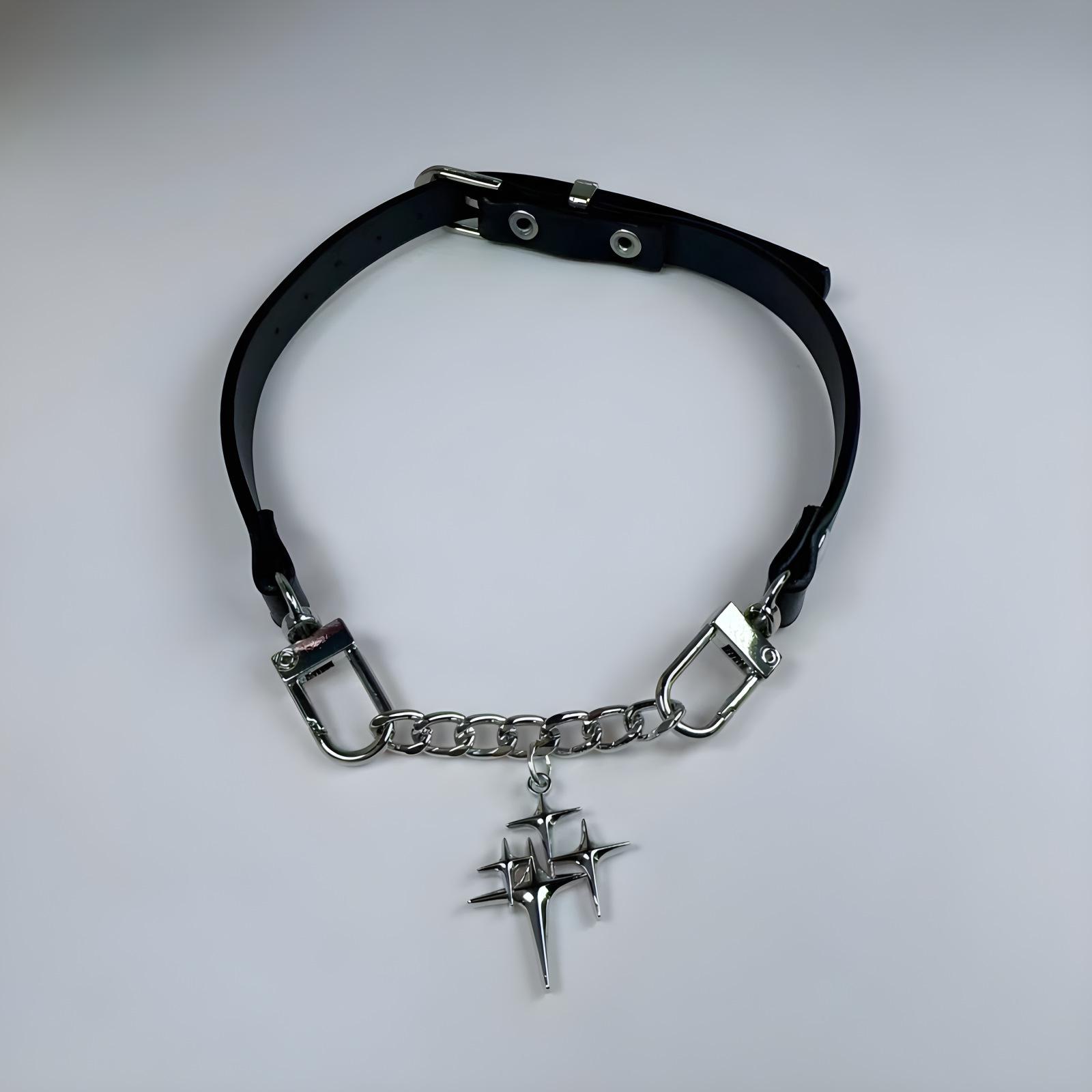 Retro Dark Alloy Rose Choker: Starry Sky Leather Necklace with Cat Bell Pendant