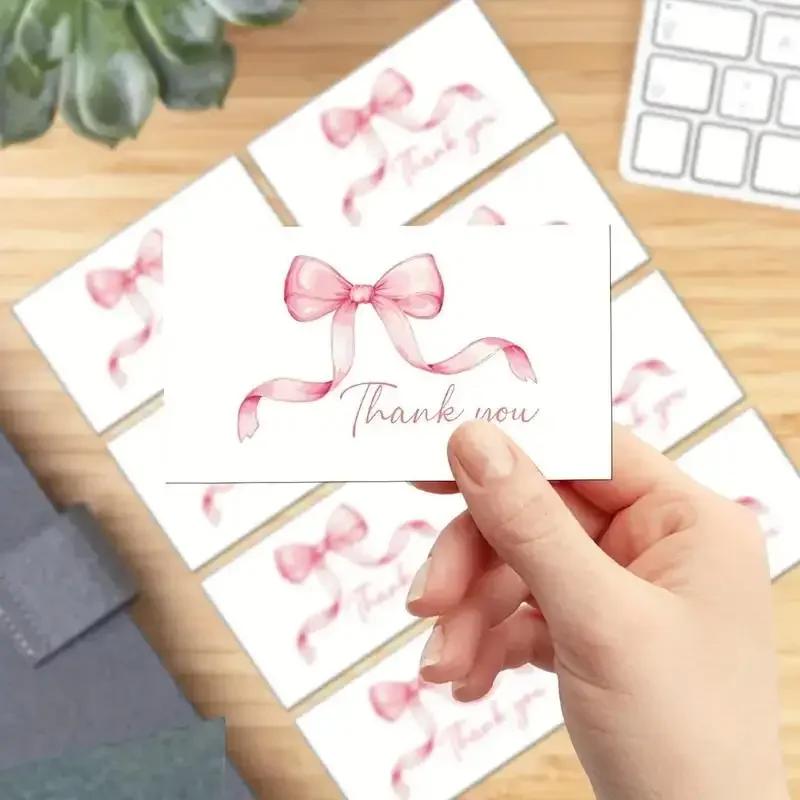50 adet İş Teşekkür Kartı Kiraz ve Pembe Fiyonk Tasarımı Kutlama Davetiyeleri Hediye Paketleme Kartları Parti İçin