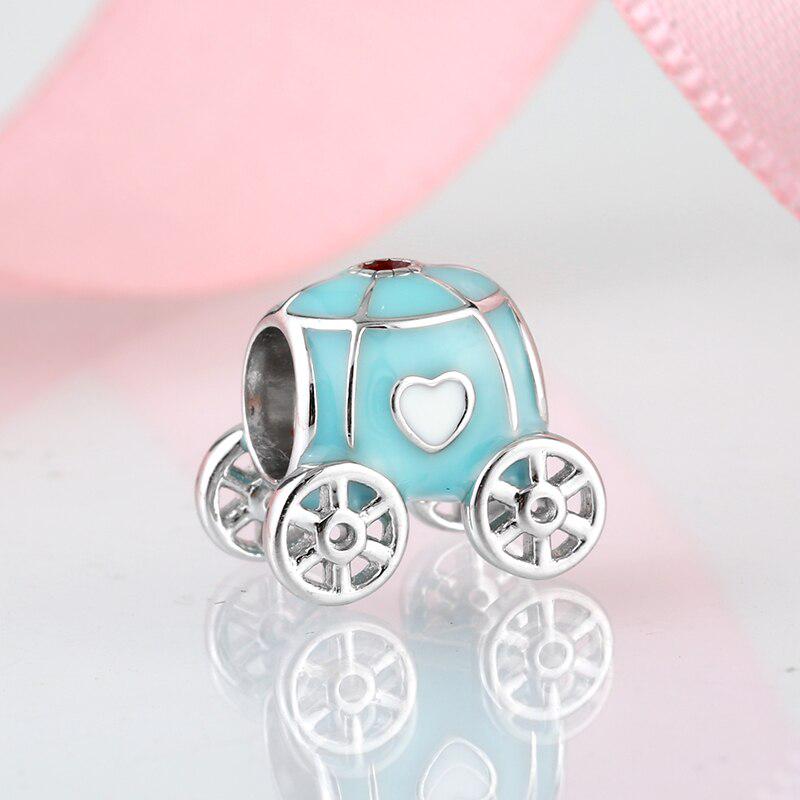 KATAOKA Fantasy Fairy Tale Princess Carriage Sky Blue Enamel Beads 925 Sterling Silver Fit Original Charm Bracelet Jewelry