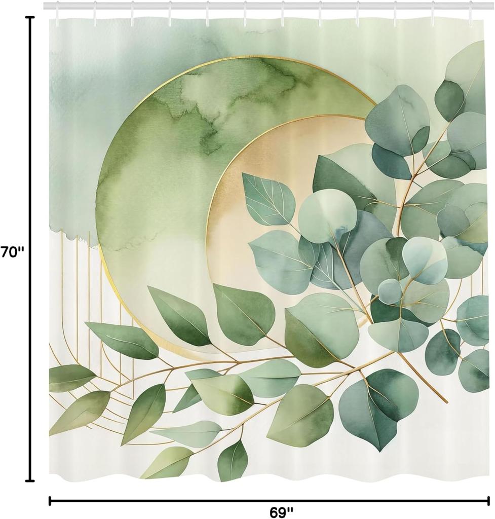 Eucalyptus Leaf Shower Curtain Gold Moon Design Watercolor Green Nature Art Minimalist Bathroom Decor Boho Chic Style Fabric