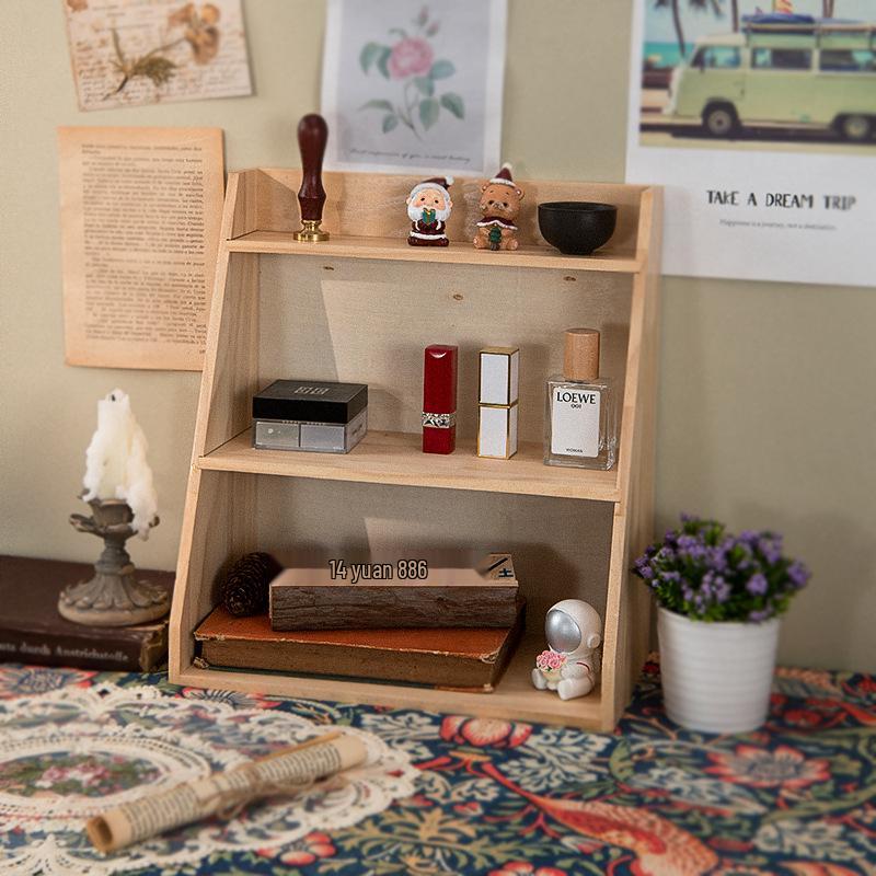 Desktop Retro Wooden Storage & Organization Rack for Journals, Ornaments, Coffee Cups, and Perfume.