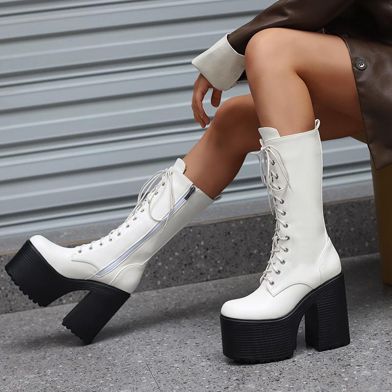 Stivali da Donna Sexy con Plateau a Metà Polpaccio Inverno Stripper Gotico Punk Tacchi Stivale per Donna Stringati Nero Bianco Scarpe Feticcio Taglia Grande