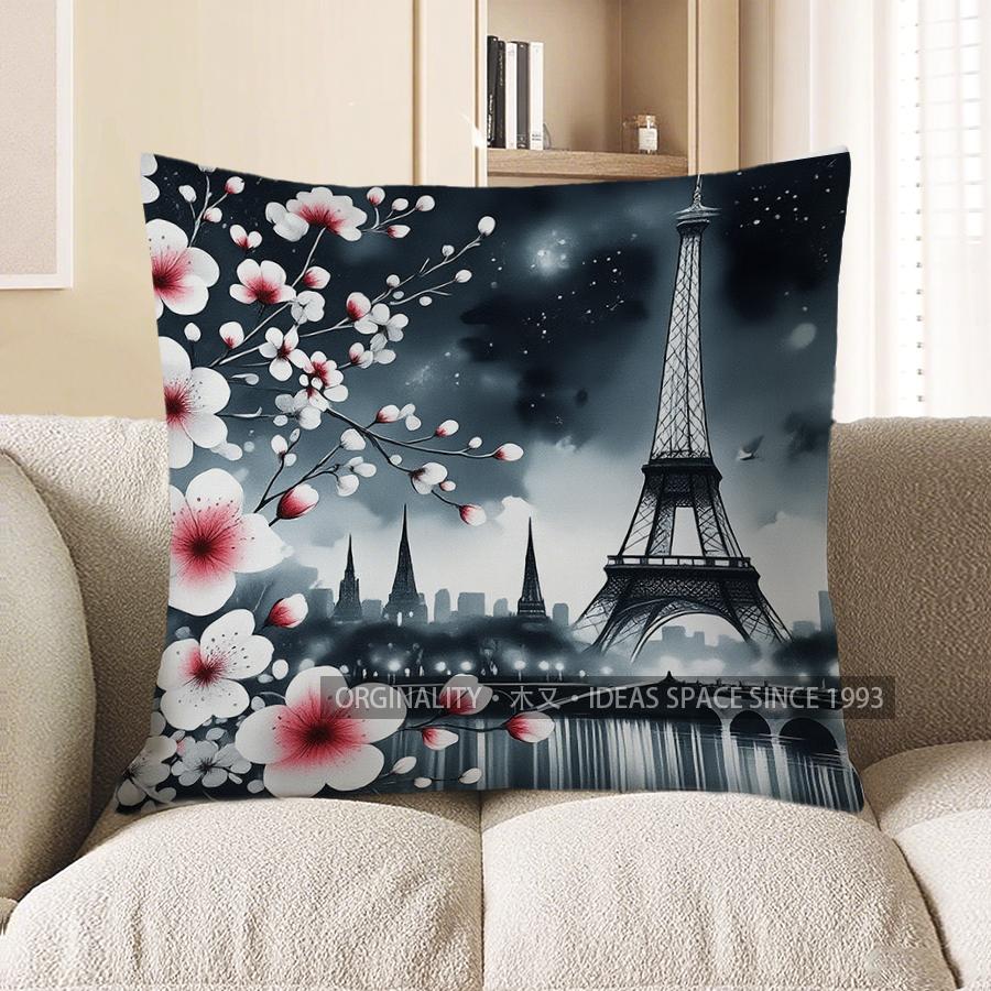 Home Decor Floral Heart With Eiffel Tower Throw Pillow Pattern Cushion Cover Suitable For Sofa Bedroom Car Pillow Cover