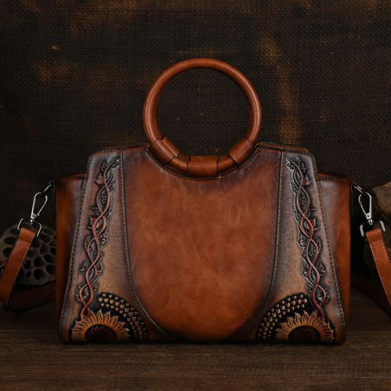 

Johnature Vintage Embossed Exquisite Handbag Большая вместимость Универсальная женская сумка через плечо коричневый