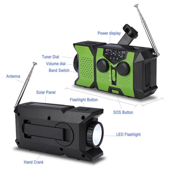 Emergency Radio with SOS Alarm Flashlight Solar Powered Hand Crank Rechargeable Radio Outdoor Camping