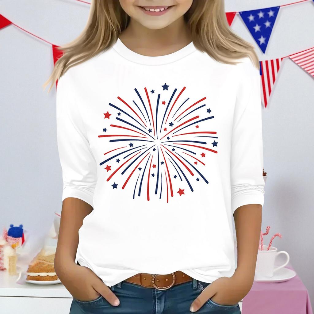 Druckoberteile für junge Mädchen 3-10 Jahre Rundhals 3/4-Ärmel T-Shirts Trendige Oberteile Outfit T-Shirts