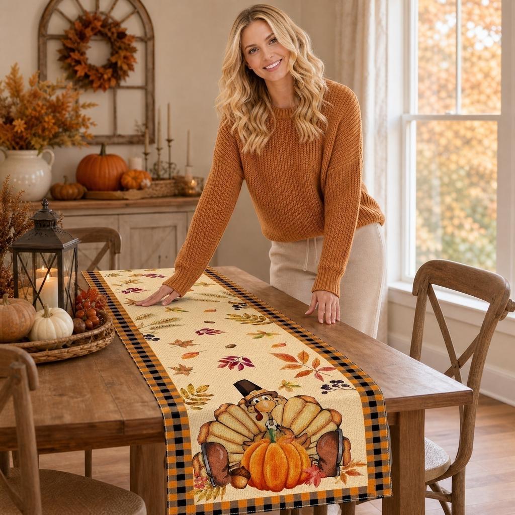 Thanksgiving kalkun bordløber 183x33cm Efterårsblade Mønster Dekorativ dug til ferie Spisestue Køkken Brug