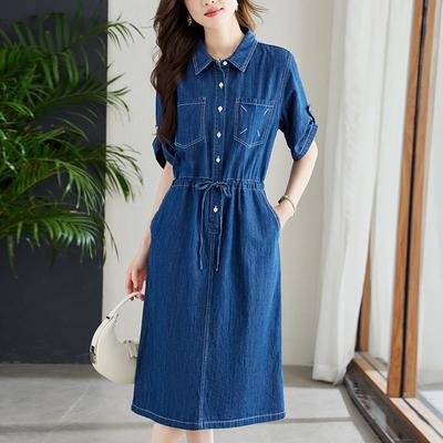 Denimkleid Damen Kurzarm Sommer Neu Temperament Pendler Design Sinn Kordelzug Taille Rock