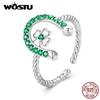WOSTU Echt 925 Sterling Silber Grün Farbe Shiny Zirkon Hufeisen Twisted Offene Ringe Für Frauen vierblättriges Kleeblatt Einstellbare ring