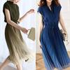 Stand Collar V-neck Flying Sleeve Elastic Waist Drawstring Summer Dress Gradient Color Pleated